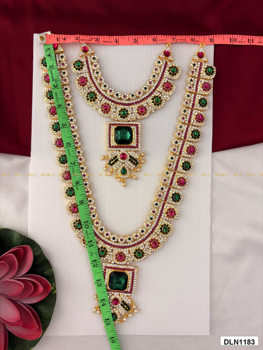 Measurement photo of deity long haram set with measuring tape for idol alankaram size reference