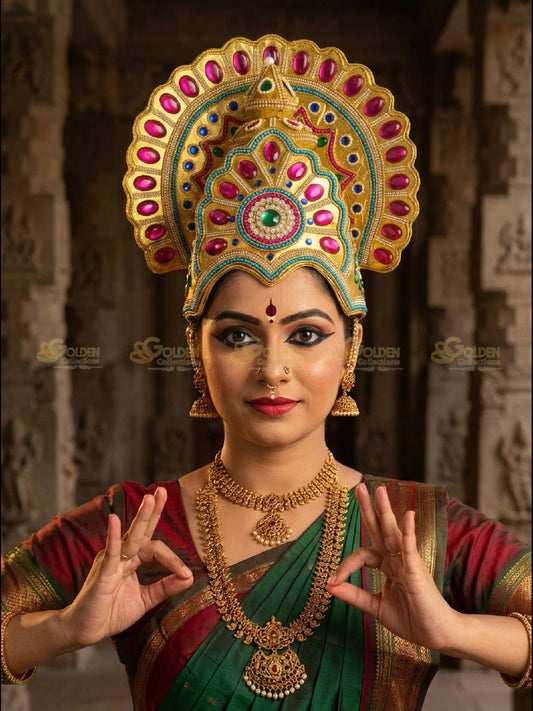 Golden Collections Exquisite Drama Crown - Model showcasing crown with traditional attire in a cultural performance setting.