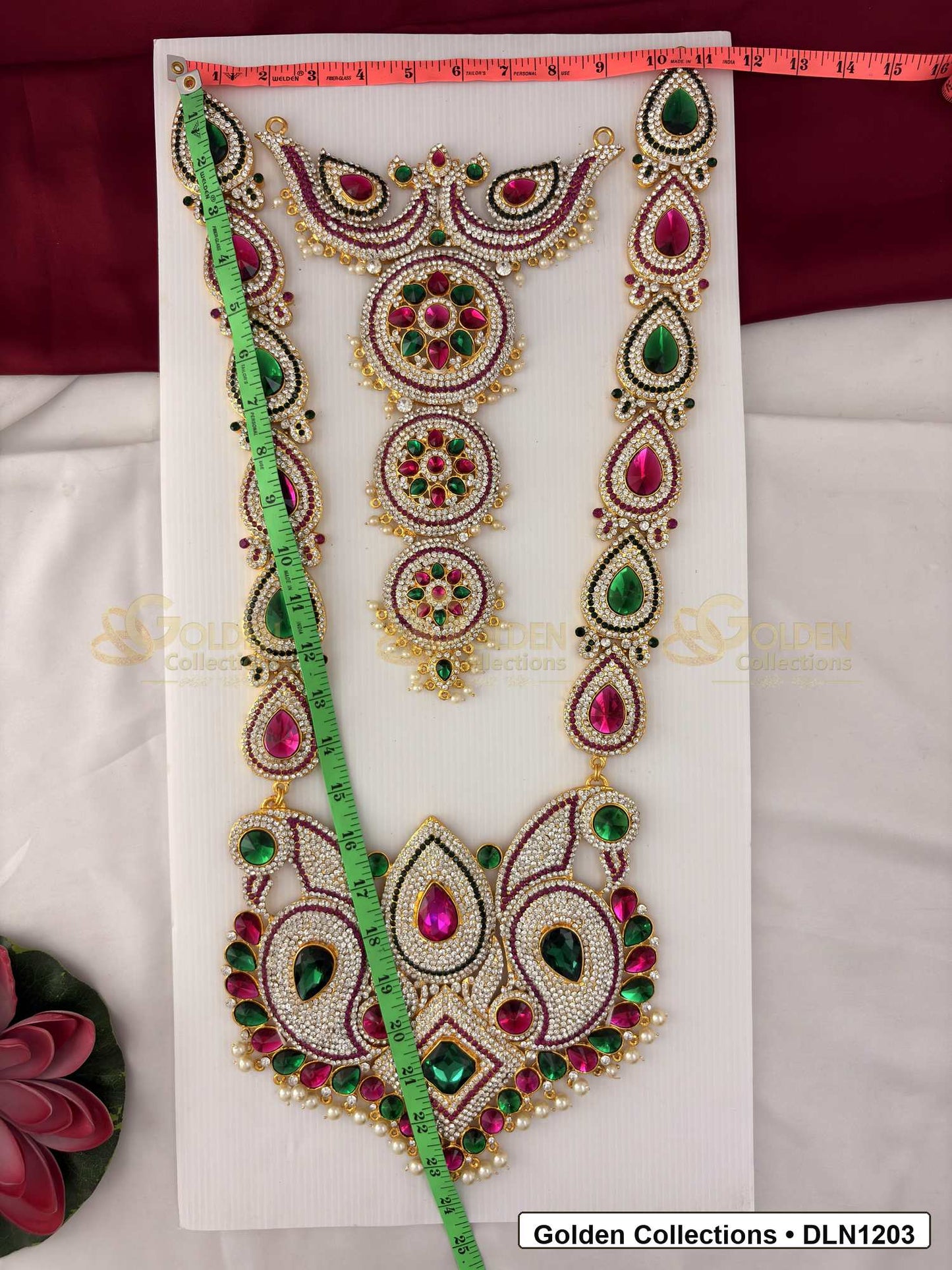 Measurement and scale view of Two Layer Deity Haram Set with Multicolor Stones for Idols for fit checking