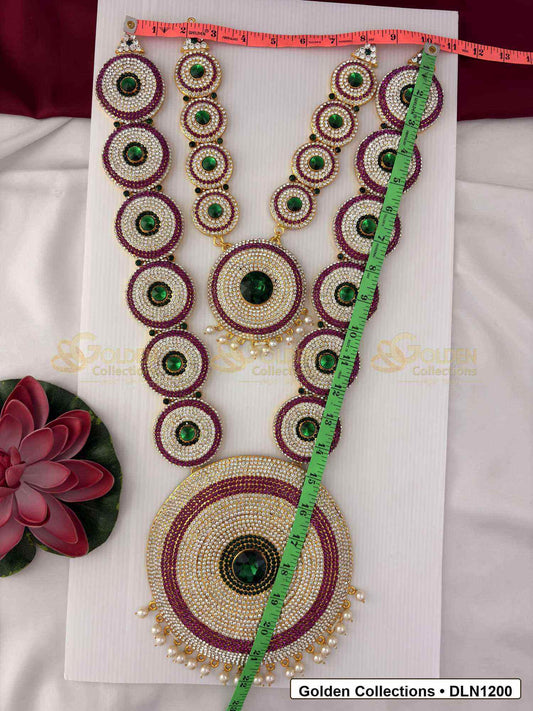 Measurement and scale view of Two Step Deity Long Haram Set with Multicolor Stones for Idols for fit checking