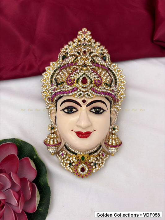 Additional measurement view showing 10 Inches Varalakshmi Ammavaru Goddess Face Mugham with Tall Crown, ruler visible for kalasam or doll alankaram setup