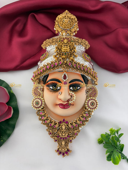 Varalakshmi Amman Face with Tanjore Painting and Temple Jewelry – Alangaram Decoration for Vratam by GoldenCollections.com
