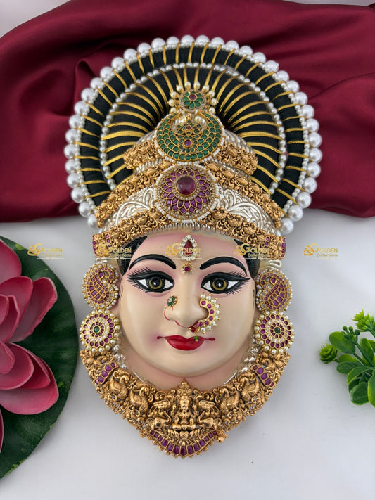 Traditional Varalakshmi Face Idol with Kemp Stone Jewelry & Tanjore Painting – Perfect for Vratam Alangaram