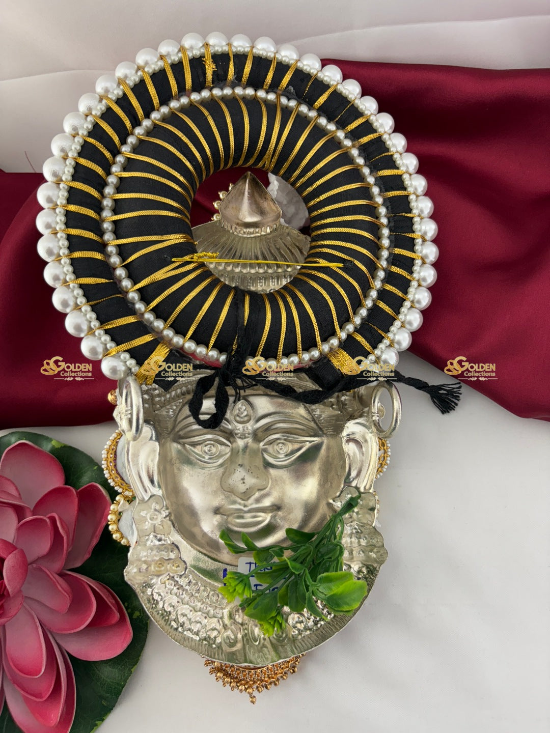 Divine Yellow-Toned Varalakshmi Face with Pearl Crown & Temple Jewelry – Tanjore Style Alangaram Idol