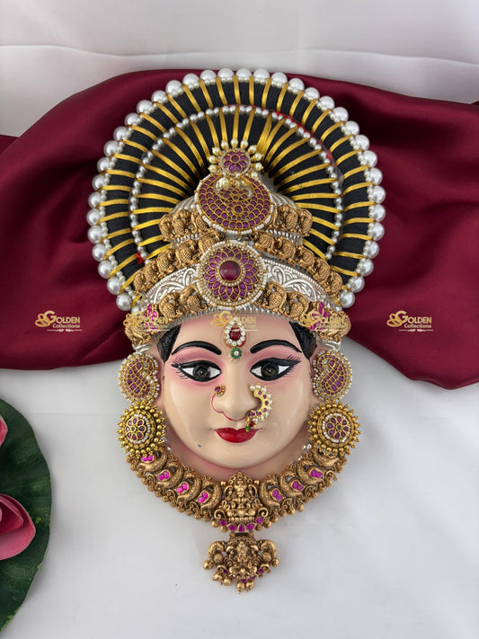 Varalakshmi Amman face with Tanjore style crown and Kemp jewelry for pooja decoration