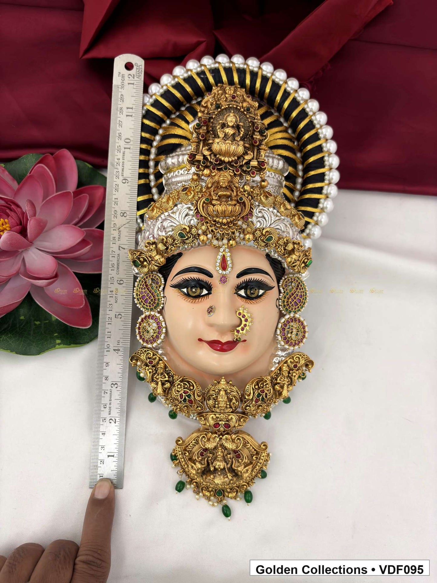 Varalakshmi Tanjore Face with Double Motif Crown and Green Bead Drop Pendant close-up detail view