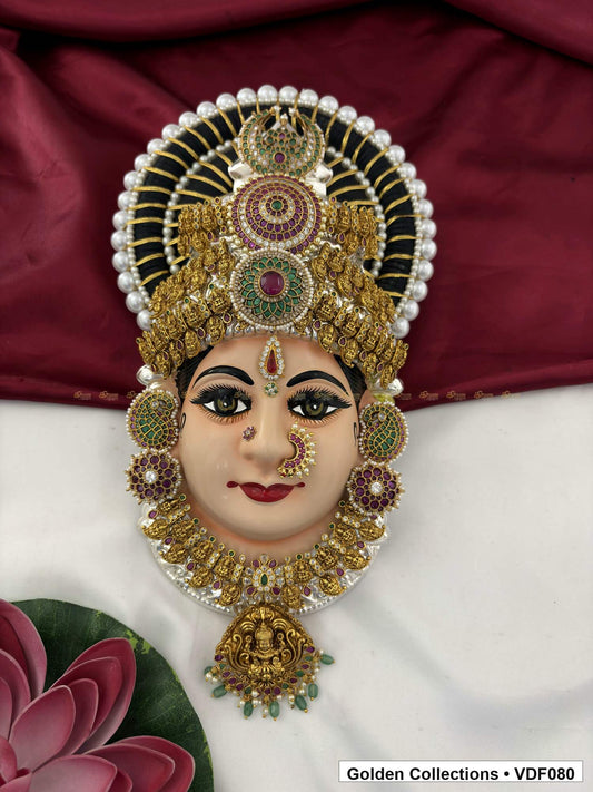 Varalakshmi Tanjore Face with Layered Crown and Green Pendant 12 Inches close-up showing face, crown and jewellery details