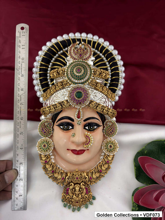 Varalakshmi Tanjore Face with Layered Stone Crown and Floral Pendant 12 Inches close-up showing face, crown and jewellery details
