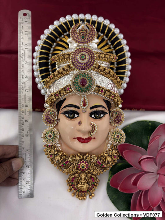 Varalakshmi Tanjore Face with Pearl-Banded Stone Crown and Pendant 12 Inches close-up showing face, crown and jewellery details