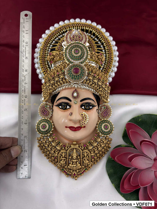 Varalakshmi Tanjore Face with Pearl-Edged Circular Crown 12 Inches close-up showing face, crown and jewellery details