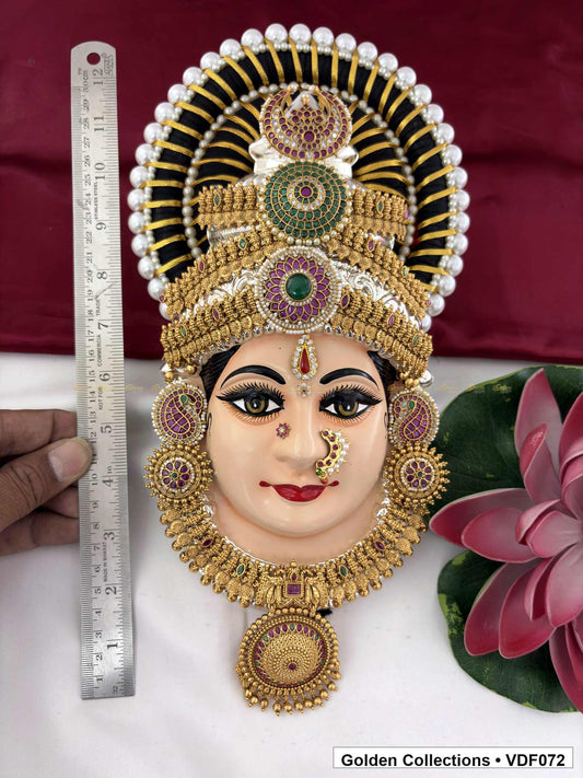 Varalakshmi Tanjore Face with Round Stone Crown and Disc Pendant 12 Inches close-up showing face, crown and jewellery details