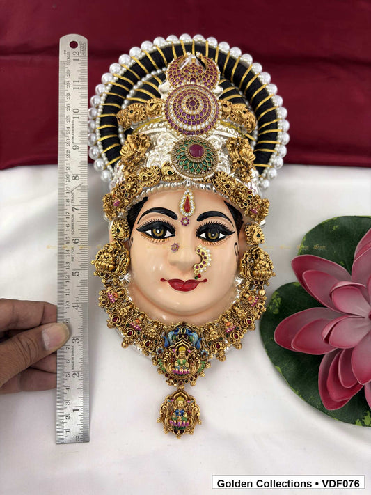 Varalakshmi Tanjore Face with Ruby-Green Stone Crown and Double Pendant 12 Inches close-up showing face, crown and jewellery details