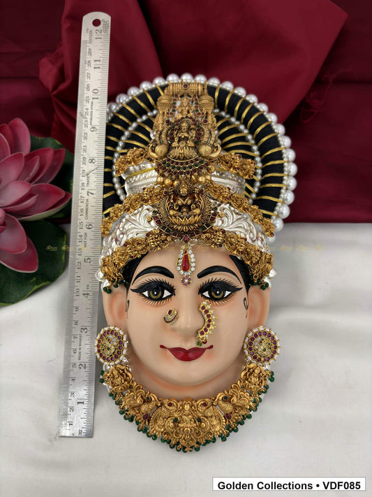 Varalakshmi Tanjore Face with Sculpted Double Crown and Green Fringe Necklace close-up detail view