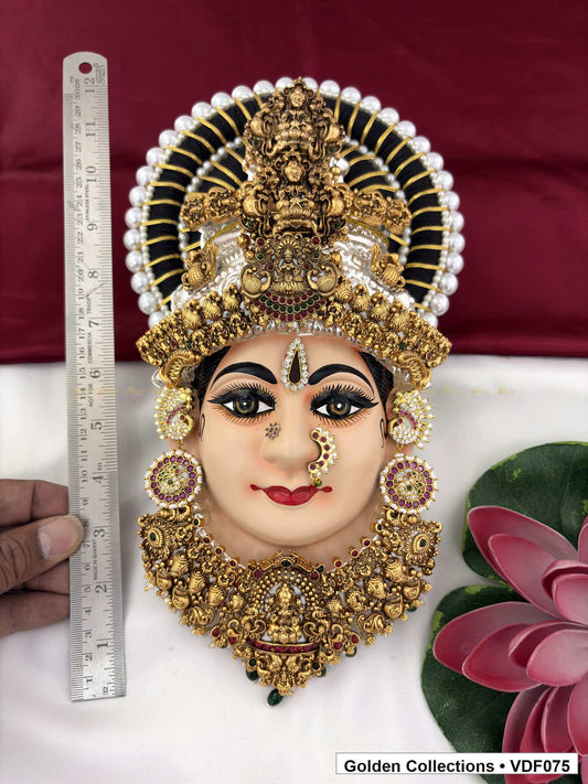 Varalakshmi Tanjore Face with Sculpted Motif Crown and Pendant 12 Inches close-up showing face, crown and jewellery details