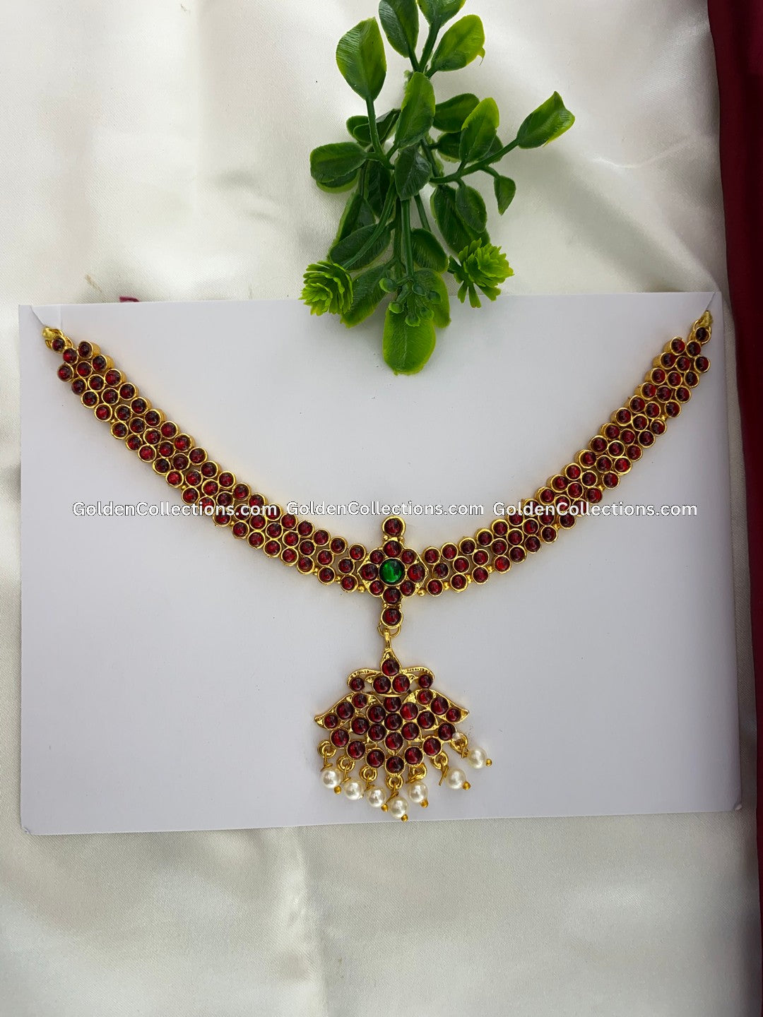 Bharatanatyam short necklace with red, green and clear stones BSN-002