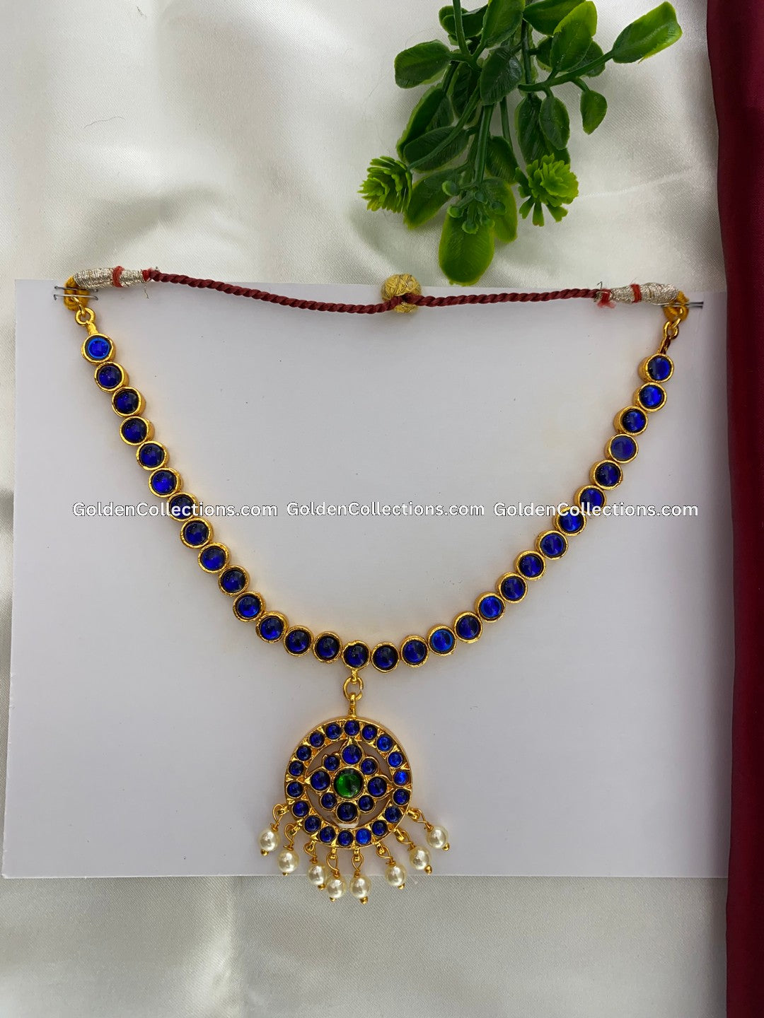 Bharatanatyam short necklace with blue, red and clear stones BSN-015