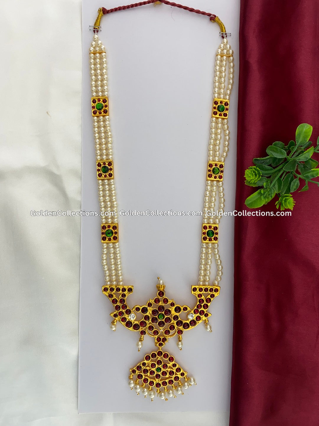 Bharatanatyam long haram with red, green and clear stones BLN-019