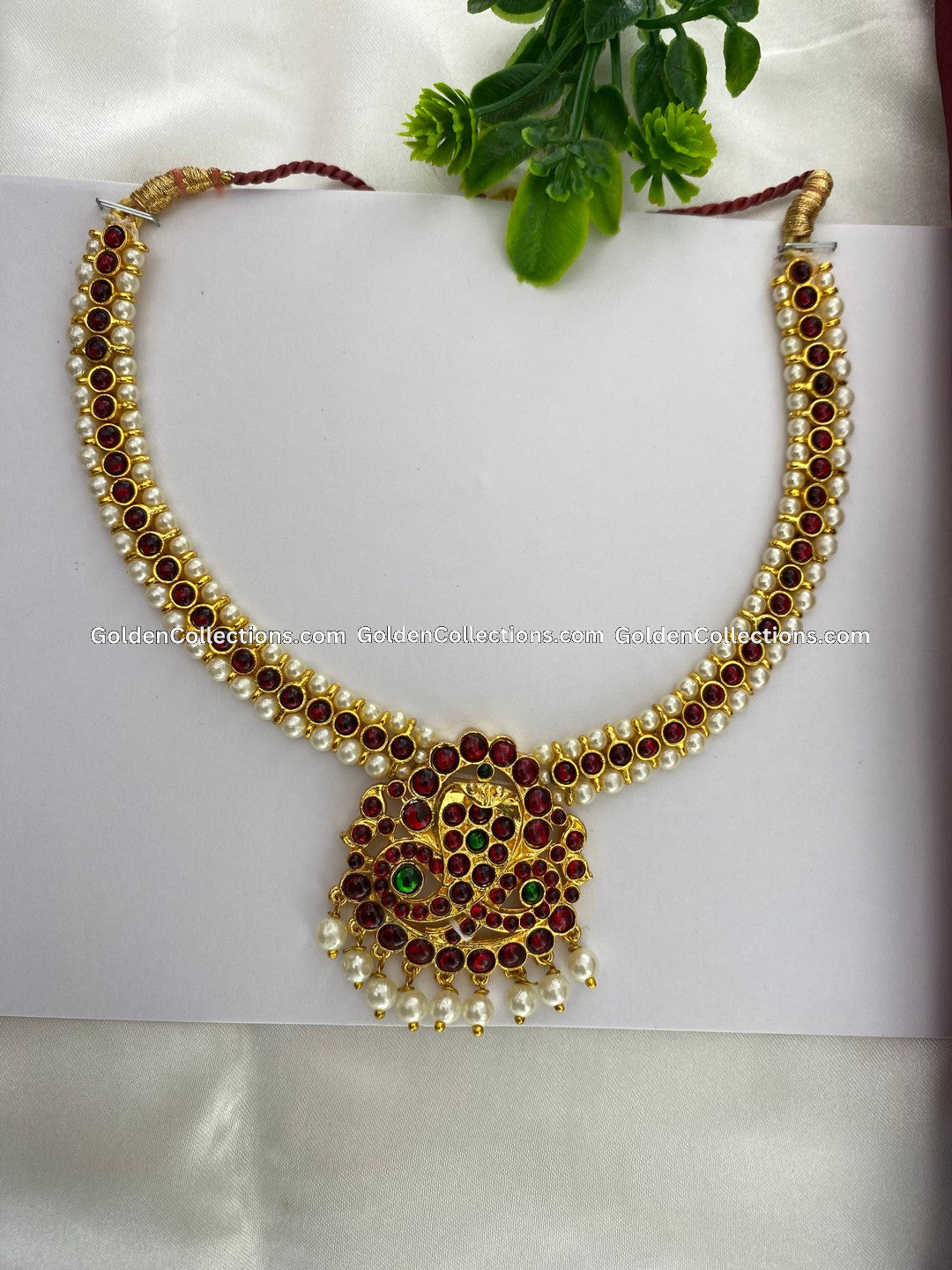 Bharatanatyam short necklace with red and clear stones with white pearl drops BSN-008