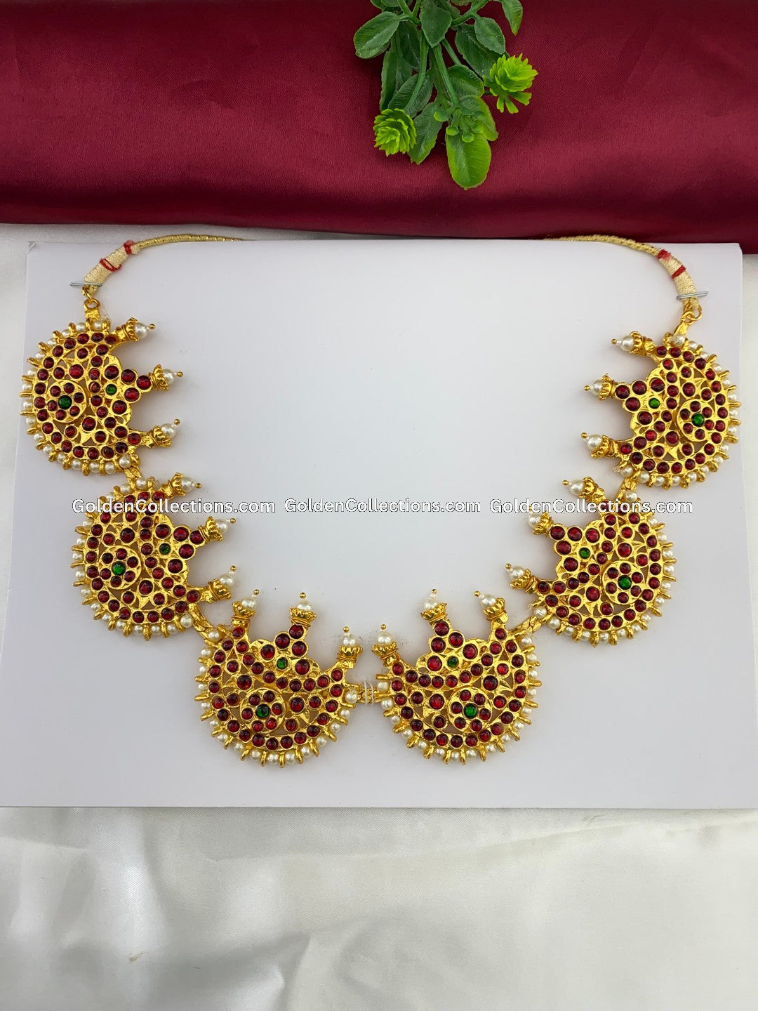 Bharatanatyam short necklace with red, green and clear stones with white pearl drops BSN-028