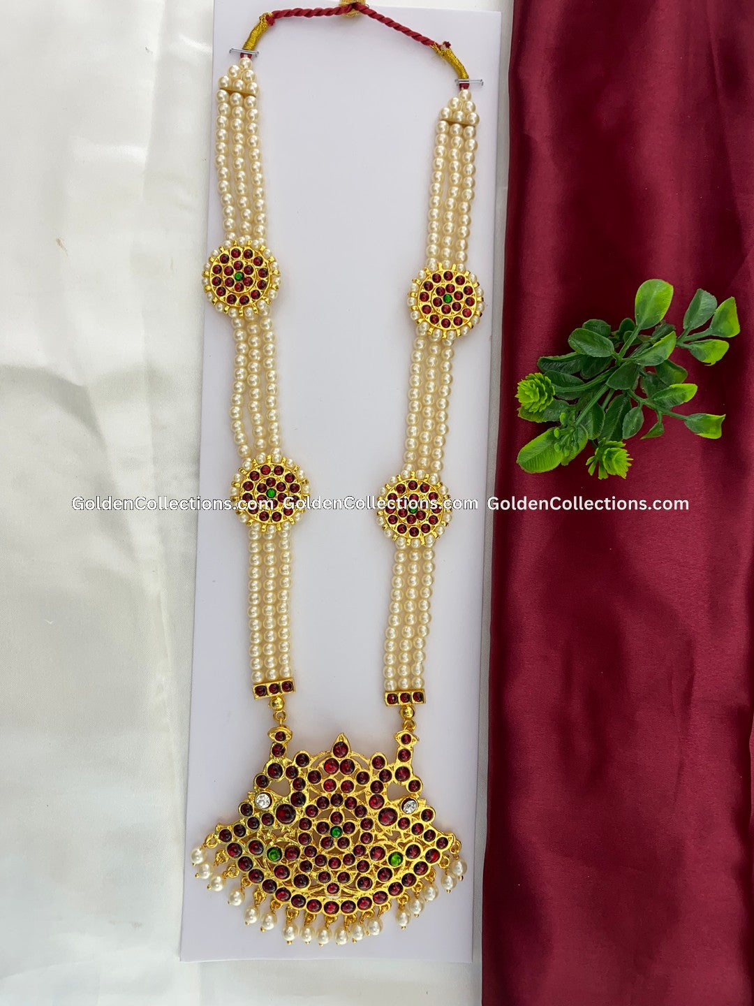 Bharatanatyam long haram with red, green and clear stones with white pearls BLN-023