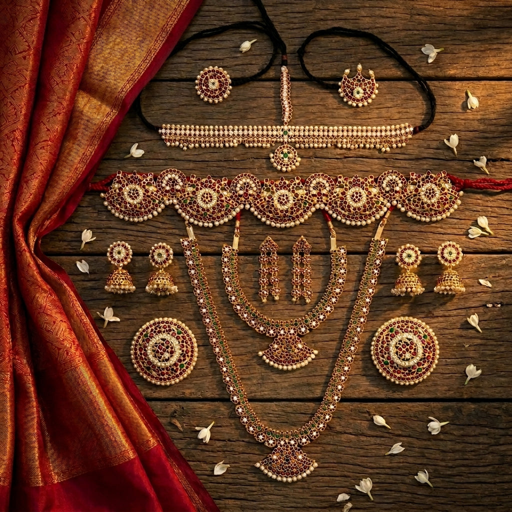 Real kemp Bharatanatyam jewellery set for arangetram with long haram short necklace vaddanam and matching ornaments