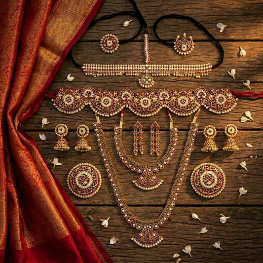 Real kemp Bharatanatyam jewellery set for arangetram with long haram short necklace vaddanam and matching ornaments