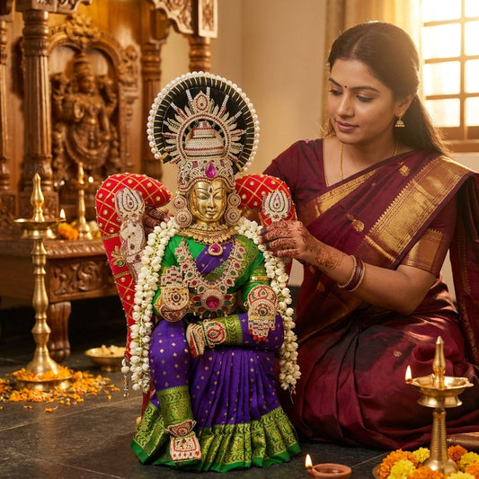 Varalakshmi alankaram setup with deity jewellery garland crown and pooja lamps for Varalakshmi Vratham 2026