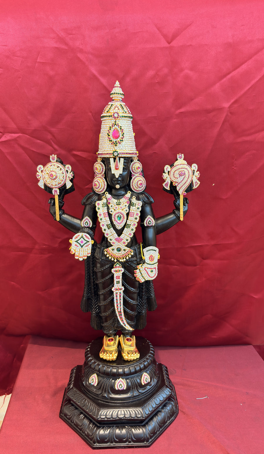 Customer-owned Venkateshwara Swamy idol with deity jewellery supplied and styled by Golden Collections.