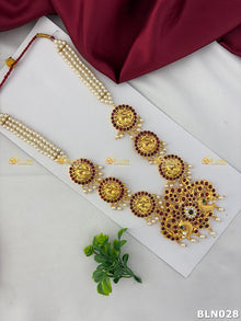 Bharatanatyam long haram with red, green and clear stones BLN-028