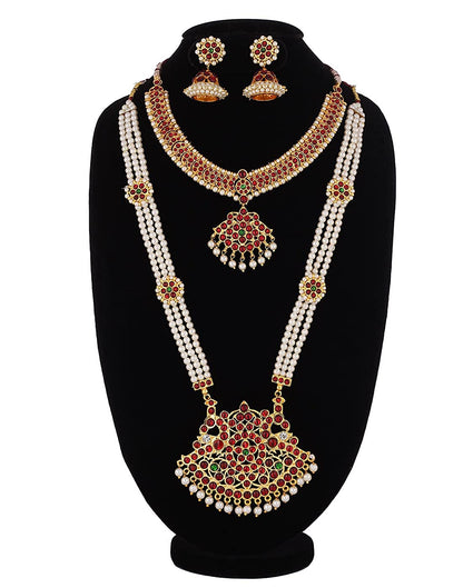 Bharatanatyam Antique Pearls Haram Necklace with EarringsSet Goldencollections