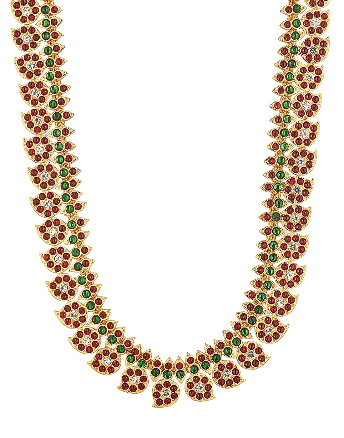 Bharatanatyam long haram with red, green and clear stones BLN-043