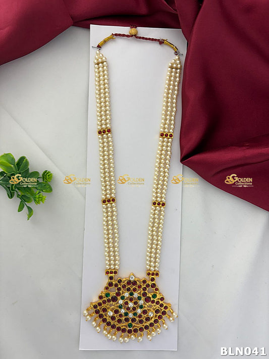 Bharatanatyam long haram with red, green and clear stones BLN-041