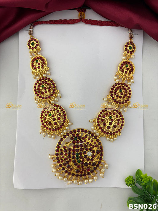 Bharatanatyam short necklace with red, green and clear stones BSN-026