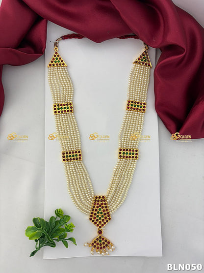 Bharatanatyam long haram with gold tone detailing with red and green stones BLN-050