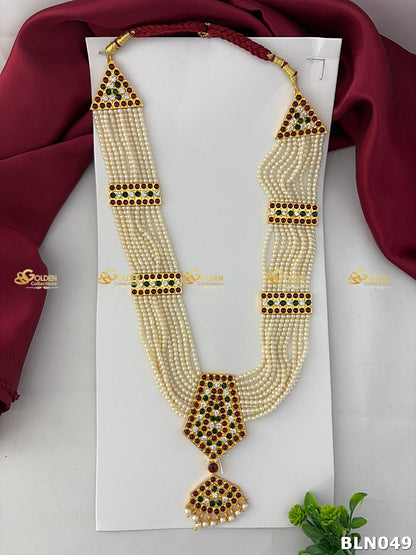 Bharatanatyam long haram with red, green and clear stones BLN-049