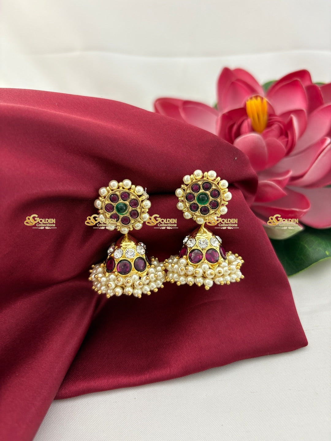 Bharatanatyam Kemp Jhumka Earrings Temple Jewellery GoldenCollections