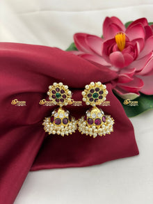 Real Kemp Jhumka Earrings for Bharatanatyam and Kuchipudi BBE011 with red-green kemp stones