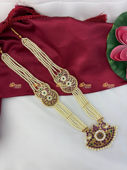 Real Kemp Pearl Long Haram for Bharatanatyam and Kuchipudi BBN053 with red-green kemp stones with pearl accents
