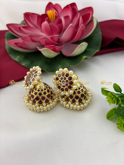 Bharatanatyam Kemp Stone JhumkaEarrings with PearlBorder South Indian Temple Jewellery for Classical Dance and Weddings