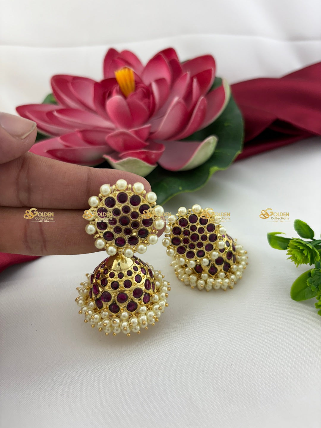 Bharatanatyam Kemp Stone Jhumka Earrings with Pearl Border Temple Jewellery