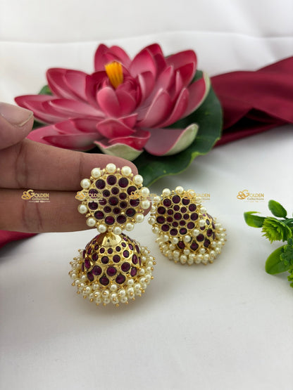 Bharatanatyam Kemp Stone Jhumka Earrings with Pearl Border Temple Jewellery