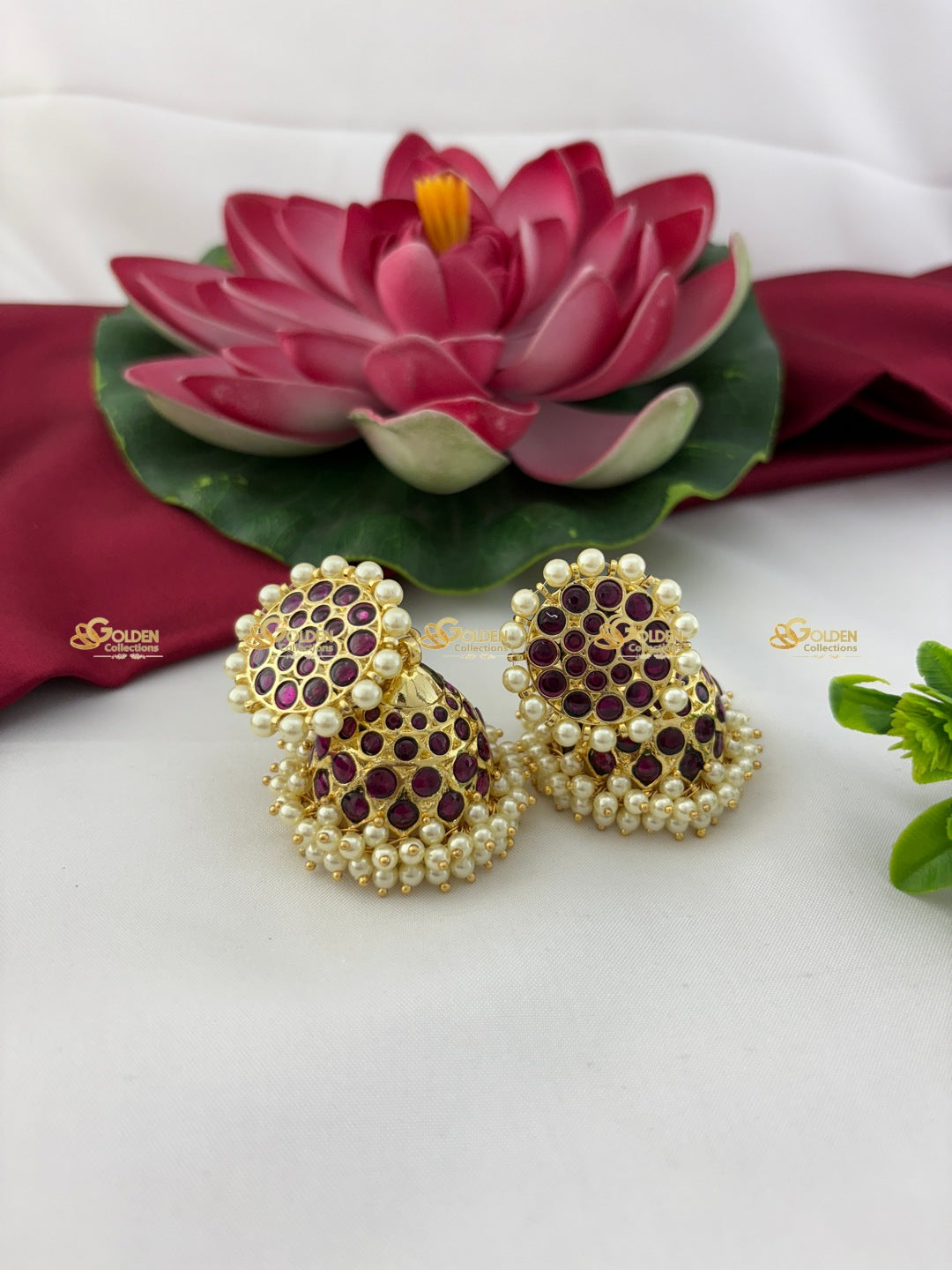 Bharatanatyam Kemp Stone Jhumka Earrings with Pearl Border_Traditional Temple 
Jewellery