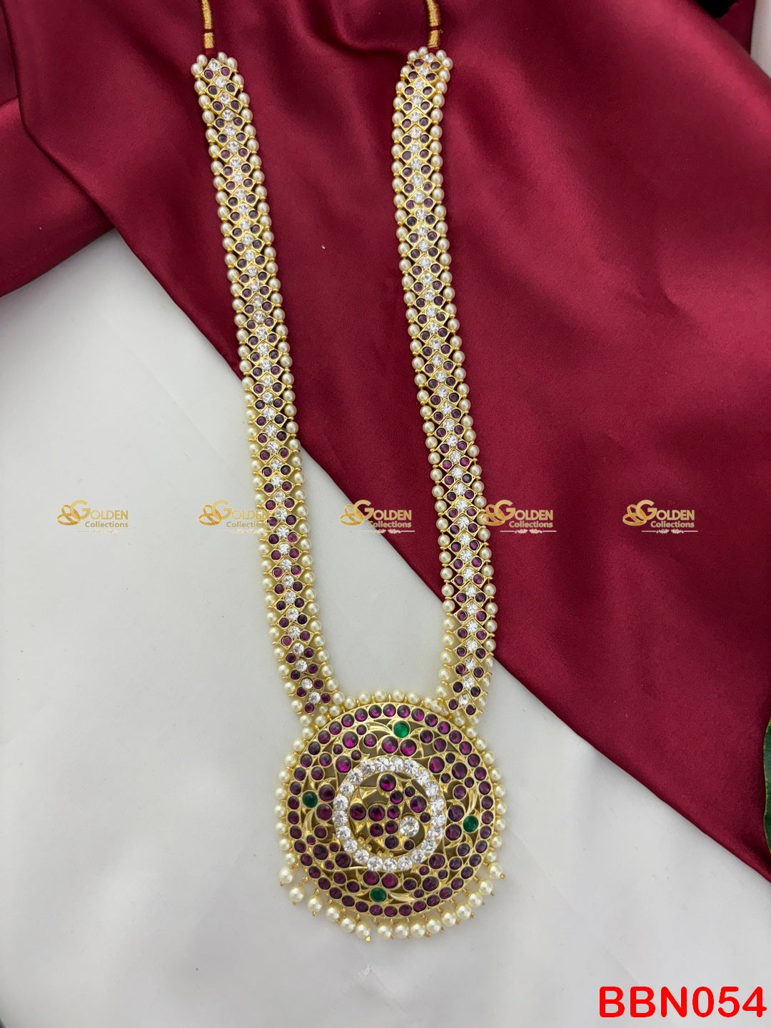 Real Kemp Pearl Long Haram for Bharatanatyam and Kuchipudi BBN054 with red-green kemp stones with pearl accents