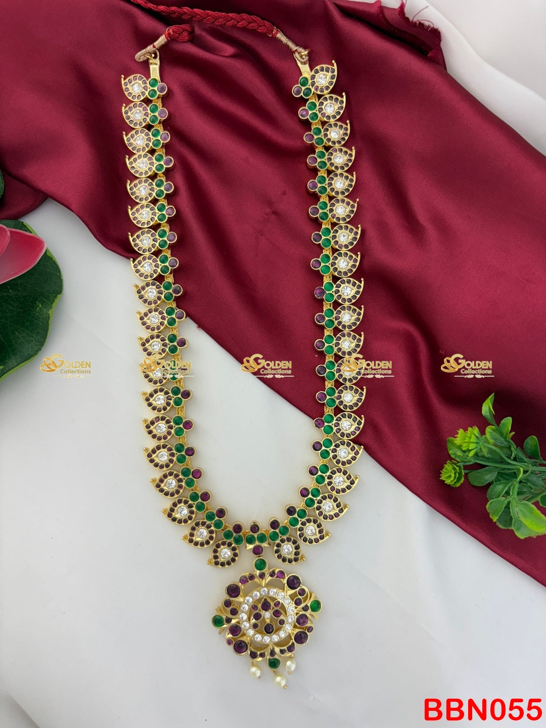 Real Kemp Mango Long Haram for Bharatanatyam and Kuchipudi BBN055 with red-green kemp stones