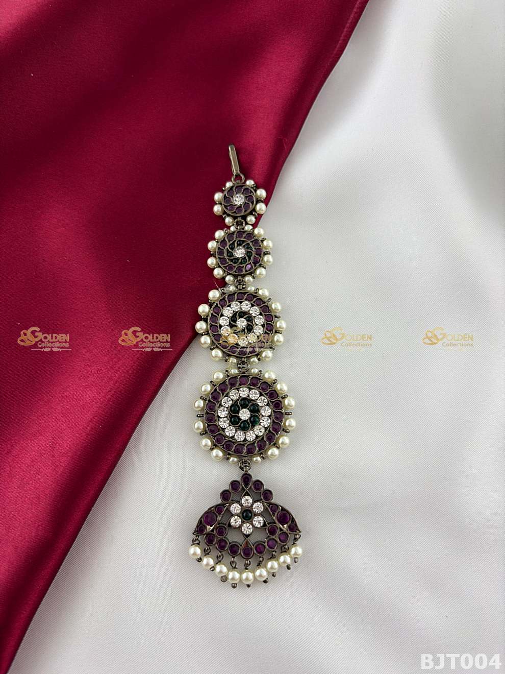 Black kemp maang tikka Bharatanatyam temple jewellery layered nethi chutti with chandram drop and pearls-BJT004
