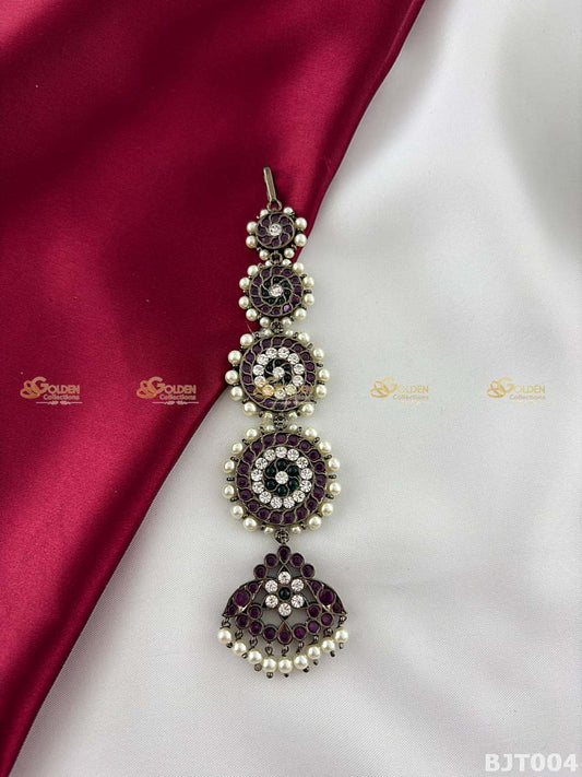 Black kemp maang tikka Bharatanatyam temple jewellery layered nethi chutti with chandram drop and pearls-BJT004