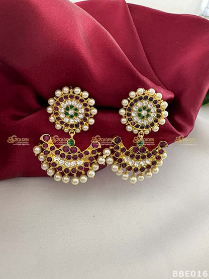 Kemp earrings Bharatanatyam temple jewellery chandram jhumka with pearl drops-BBE016