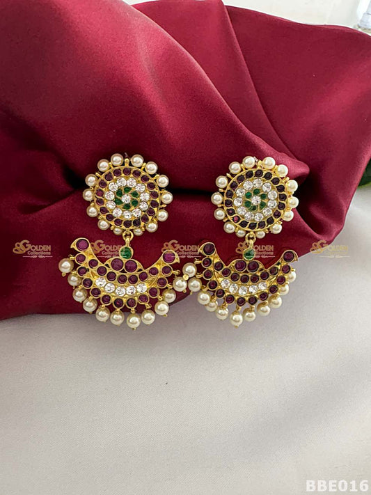 Kemp earrings Bharatanatyam temple jewellery chandram jhumka with pearl drops-BBE016