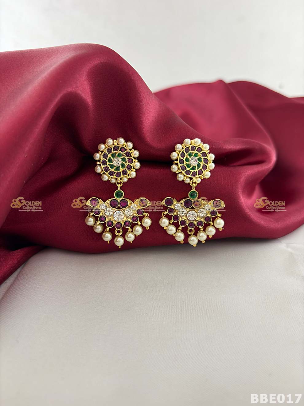 Kemp jhumka earrings Bharatanatyam temple jewellery chandram design with pearl drops-BBE018