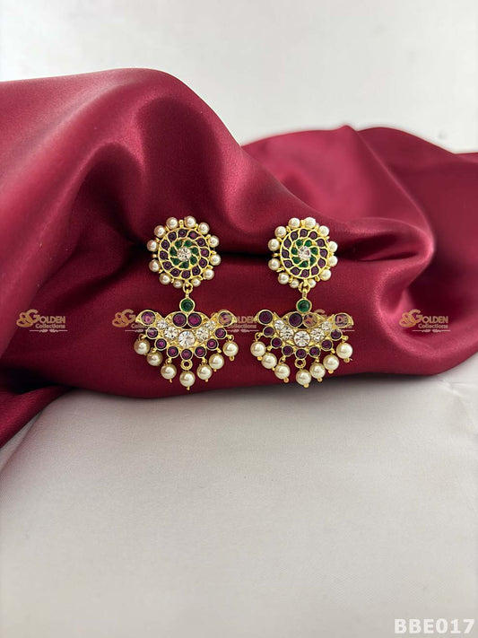 Kemp jhumka earrings Bharatanatyam temple jewellery chandram design with pearl drops-BBE018